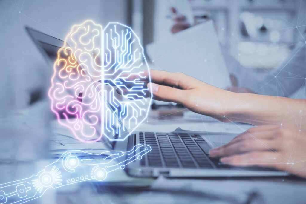 Digital Brain Representing Microsoft Copilot In Front Of Laptop