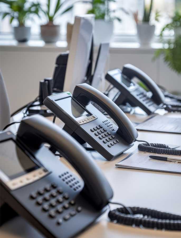 Close Up Telephone Devices Office Desk Customer Service Support With B2b Service Technology