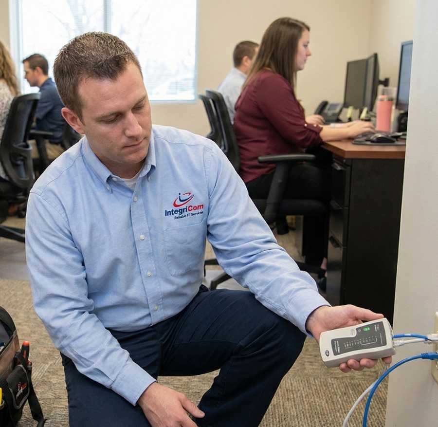 Network Technician Checking Ethernet Ports With A Cable Tester Near Office Workstations