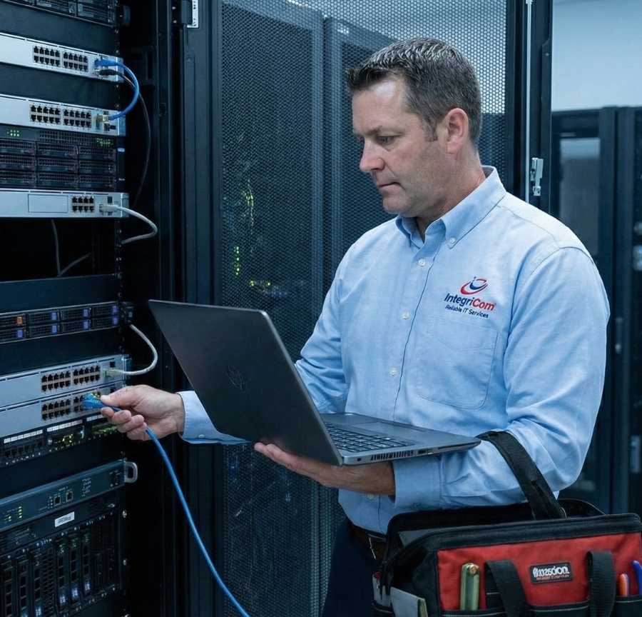 Technician Inspecting Server Rack While Using A Laptop In A Data Center
